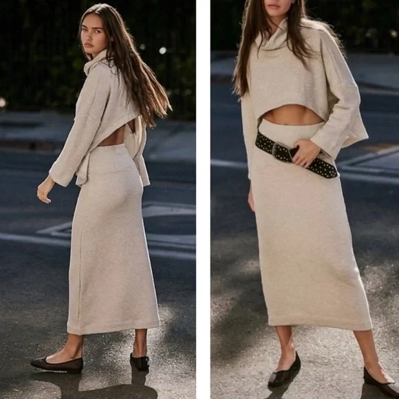 FREE PEOPLE X FREE-EST Oatmeal Milly Cowl Neck Sweater and Skirt 2 PC SET NWT XS - Picture 2 of 6